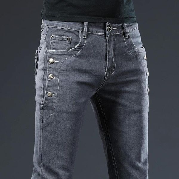 men's jeans button side men slim skinny classic casual all-match dark grey office male stretch denim pants brand clothing, Blue