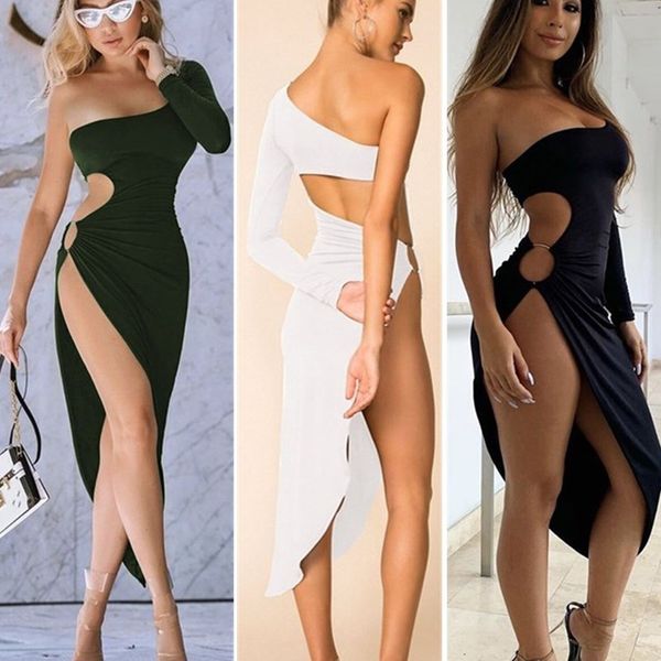 women one shoulder long sleeve bodycon midi black dress metal ring tie up side split irregular hem slim party club 210520, Black;gray
women one shoulder long sleeve bodycon midi black dress metal ring tie up side split irregular hem slim party club 210520, Black;gray