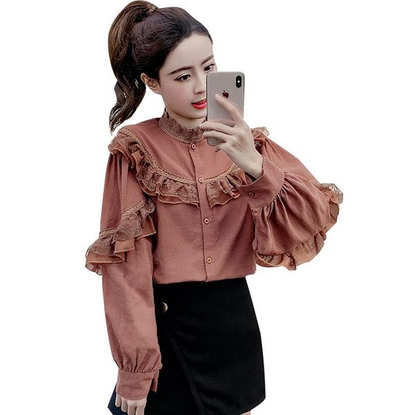 women's blouses & shirts women ruffles patchwork stand neck lace small black blouse shirt brown apricot 7239, White
women's blouses & shirts women ruffles patchwork stand neck lace small black blouse shirt brown apricot 7239, White