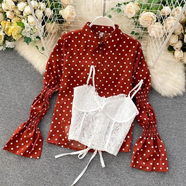 women's blouses & shirts autumn women 2 piece sets vintage polka dot puff long sleeve + sling vest korean elegant suits lace turn-down, White
women's blouses & shirts autumn women 2 piece sets vintage polka dot puff long sleeve + sling vest korean elegant suits lace turn-down, White