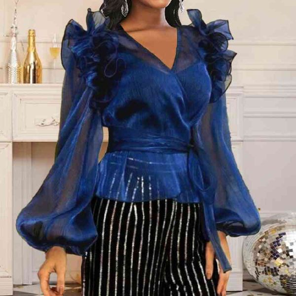 women and blouses plus size see through v neck long lantern sleeve navy blue transparent waist belt summer shirts 210527, White
women and blouses plus size see through v neck long lantern sleeve navy blue transparent waist belt summer shirts 210527, White