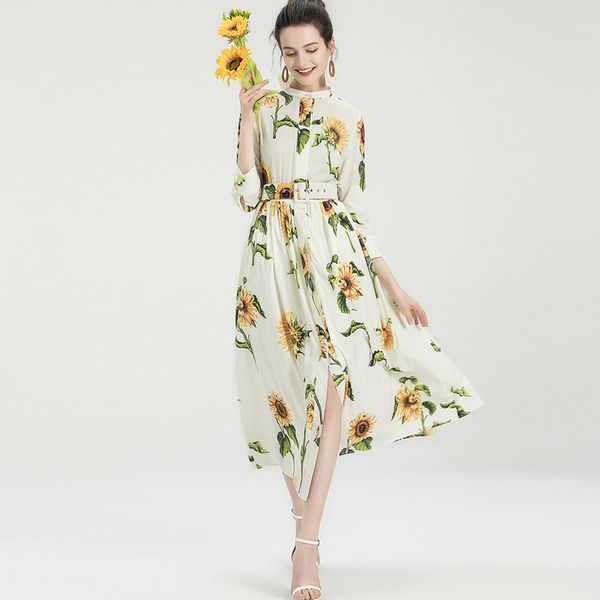 women's runway dresses o neck 3/4 sleeves floral printed fashion mid dress with belt, Black
women's runway dresses o neck 3/4 sleeves floral printed fashion mid dress with belt, Black