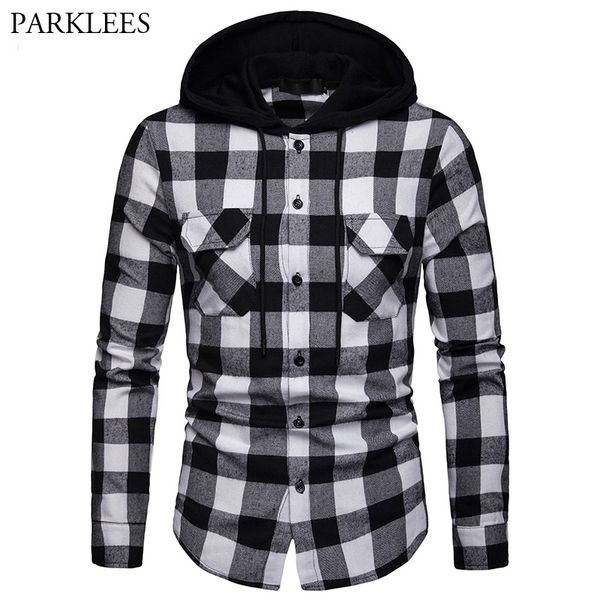 black white plaid hooded shirt men slim fit long sleeve men hoodie shirt hipster streetwear shirts with double pockets 210522, White;black
black white plaid hooded shirt men slim fit long sleeve men hoodie shirt hipster streetwear shirts with double pockets 210522, White;black