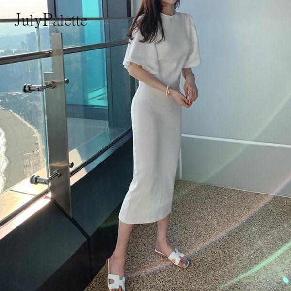 julypalette casual o-neck knitted long dress for women cotton summer flare sleeve bodycon korean female short party dresses, White;black 
julypalette casual o-neck knitted long dress for women cotton summer flare sleeve bodycon korean female short party dresses, White;black