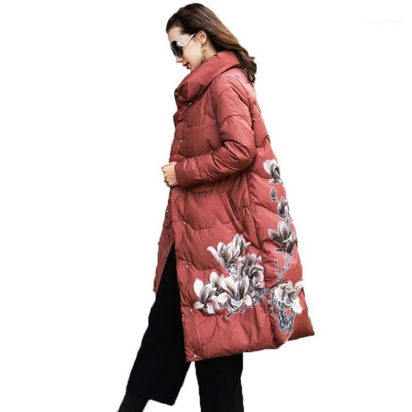print chinese national style long loose plus size winter jacket women vintage white duck down clothes female parka qh0211, Black
print chinese national style long loose plus size winter jacket women vintage white duck down clothes female parka qh0211, Black
