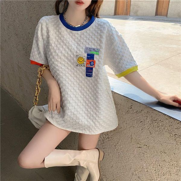 summer korean loose thin color matching student short sleeve t-shirt for women women's, White
summer korean loose thin color matching student short sleeve t-shirt for women women's, White