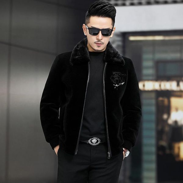 men's fur wool mink collar lapel rose embroidered flower badge zipper winter sheep shearing warm jacket leather & faux, Black
men's fur wool mink collar lapel rose embroidered flower badge zipper winter sheep shearing warm jacket leather & faux, Black