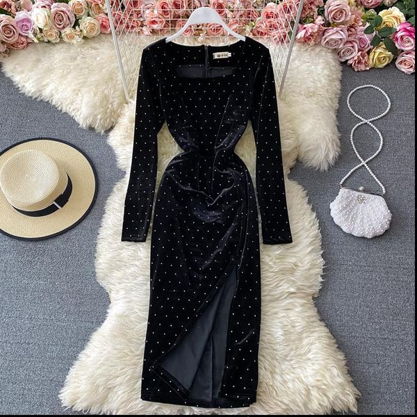 vintage black women dress split polka dot elegant square collar long sleeve high waist velvet vestidos female fashion, Black;gray
vintage black women dress split polka dot elegant square collar long sleeve high waist velvet vestidos female fashion, Black;gray