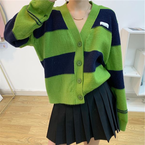 women's sweaters korean wide stripe color matching v-neck sweater autumn word english label backing sweater coat rk9w, White;black
women's sweaters korean wide stripe color matching v-neck sweater autumn word english label backing sweater coat rk9w, White;black