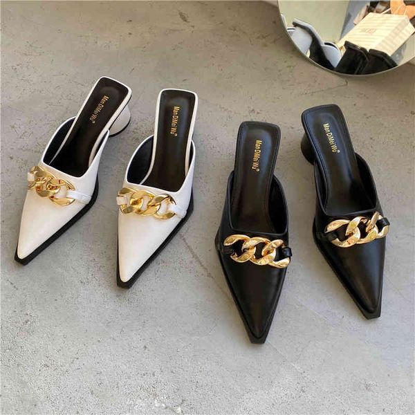 slippers pointed toe fashion women round mid heels shallow slip on mules shoes gold chain summer dress cool slides c79u, Black 
slippers pointed toe fashion women round mid heels shallow slip on mules shoes gold chain summer dress cool slides c79u, Black