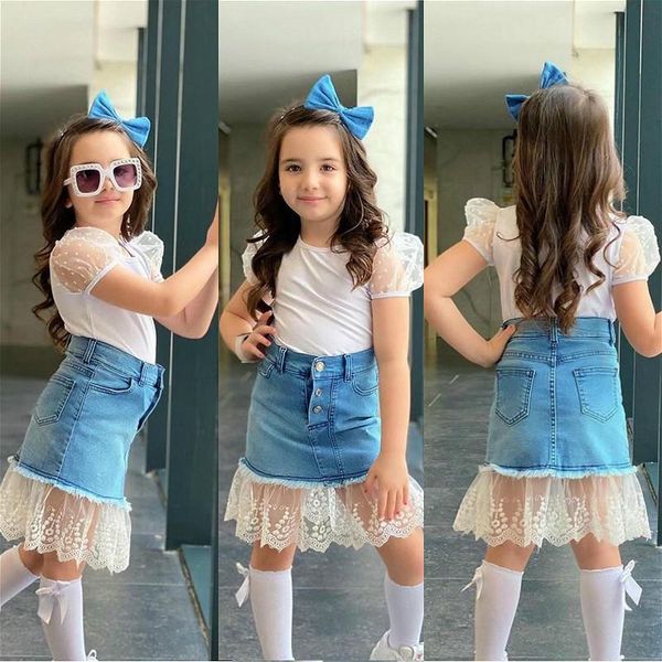 clothing sets 1-6y kids baby girls summer clothes children puff sleeve shirts + lace stitching denim skirt fashion dress outfits, White
clothing sets 1-6y kids baby girls summer clothes children puff sleeve shirts + lace stitching denim skirt fashion dress outfits, White