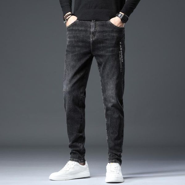 men's jeans men skinny ripped grid patchwork stretch denim pants elastic pencil 2021 clothing, Blue