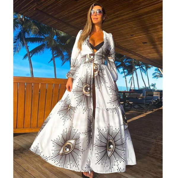 women's swimwear swimsuit dress smock white devil's eye print with european and american beach robe, White;black
women's swimwear swimsuit dress smock white devil's eye print with european and american beach robe, White;black