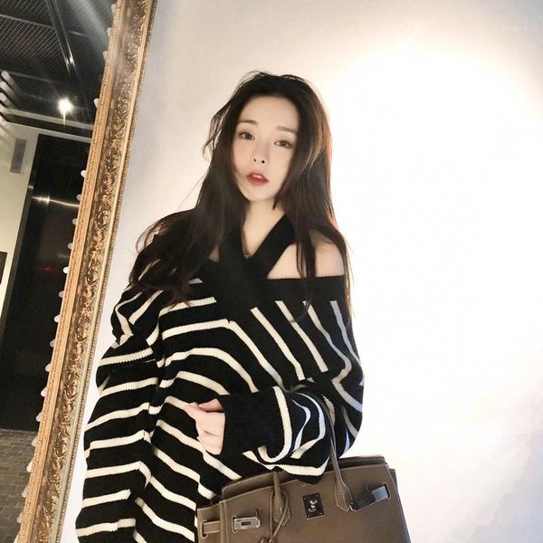black white stripes women's sweaters fz021 casual knitted open off shoulder design ladies female pullover, White;black
black white stripes women's sweaters fz021 casual knitted open off shoulder design ladies female pullover, White;black