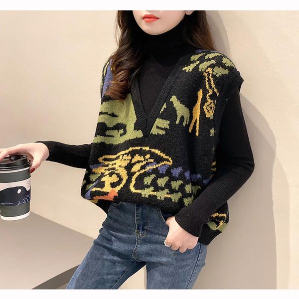 women's vests autumn and winter v-neck vest knitted waistcoat loose pullover personality hundred tower sweater 2021, Black;white
women's vests autumn and winter v-neck vest knitted waistcoat loose pullover personality hundred tower sweater 2021, Black;white