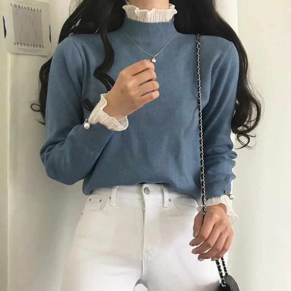 women's sweaters korean woman chic simple office lady turtleneck sweater wood ears french retro temperament goddess slim knit all-match, White;black
women's sweaters korean woman chic simple office lady turtleneck sweater wood ears french retro temperament goddess slim knit all-match, White;black