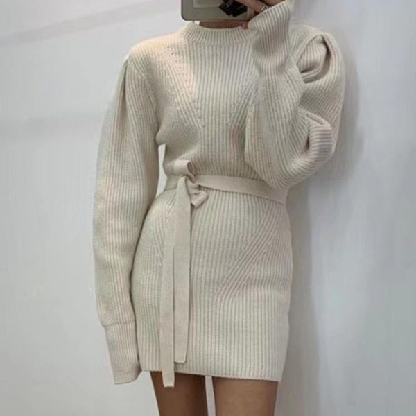 women base knitted dress fashion korean japanese autumn winter female solid color belt round neck puff sleeve knitting dresses casual, Black;gray
women base knitted dress fashion korean japanese autumn winter female solid color belt round neck puff sleeve knitting dresses casual, Black;gray