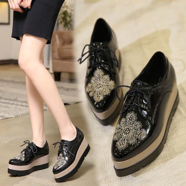 dress shoes muffin female platform spring and autumn 2021 casual british embroidered wedge with patent leather pointed women, Black
dress shoes muffin female platform spring and autumn 2021 casual british embroidered wedge with patent leather pointed women, Black