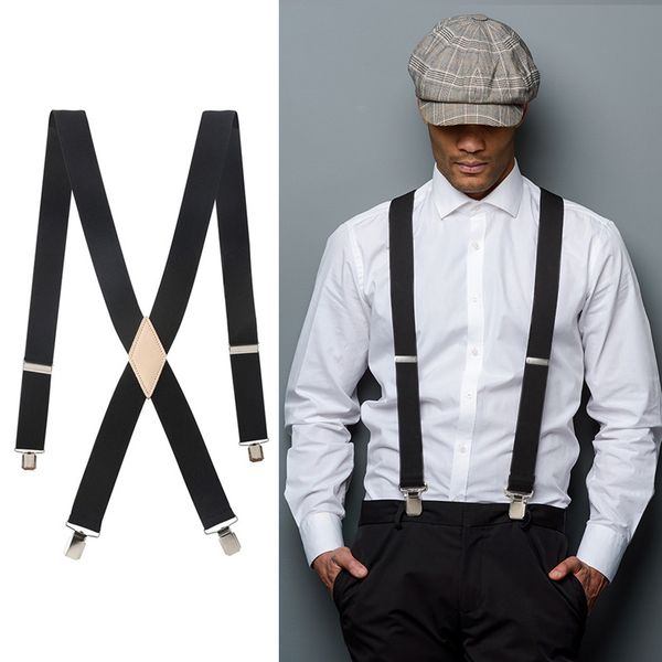 

mens 3.5cm solid straight clip rawhide suspender genuine leather brace 110cm 130cm extended size vintage groomsmen gifts, Black;white