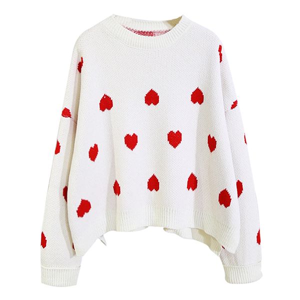 women white red o neck sweater knitted pullovers long sleeve heart pattern loose autumn winter m0191 210514, White;black
women white red o neck sweater knitted pullovers long sleeve heart pattern loose autumn winter m0191 210514, White;black