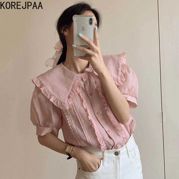 korejpaa women shirt summer korean chic ladies sweet lapel wood ears hollow lace stitching folds loose puff sleeve blouses 210526, White
korejpaa women shirt summer korean chic ladies sweet lapel wood ears hollow lace stitching folds loose puff sleeve blouses 210526, White