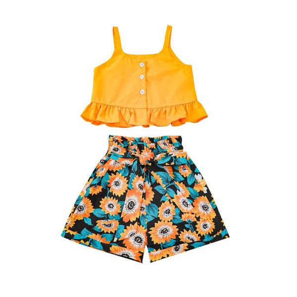 pcs infant summer outfits, baby girls solid color square collar ruffle button down tank + belted sunflower print shorts clothing sets, White
pcs infant summer outfits, baby girls solid color square collar ruffle button down tank + belted sunflower print shorts clothing sets, White