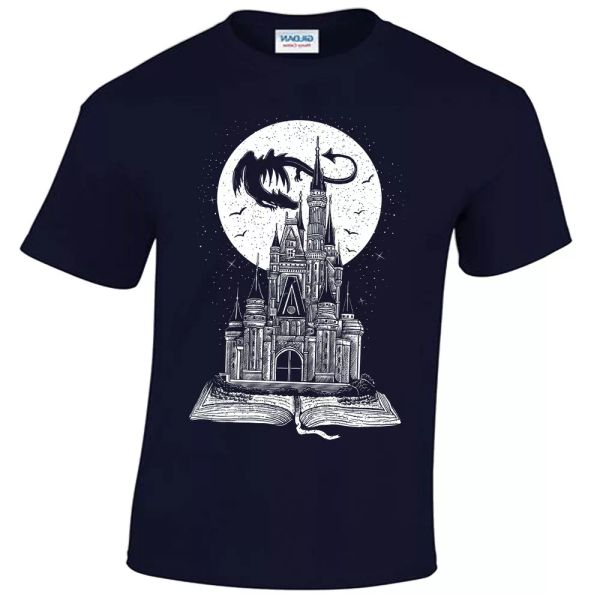 Fairy tail tshirt men story Book Dragon Fantasy Castle moon stars, White;black