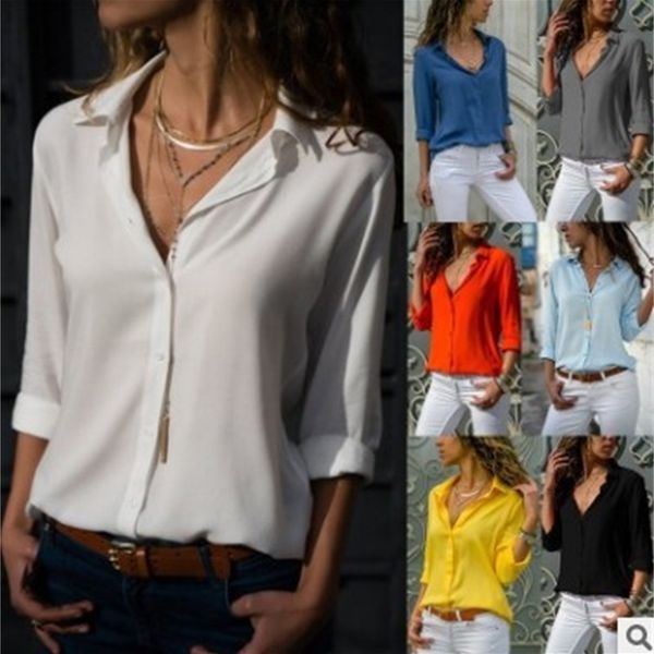 fashion t-shirts long sleeve women's deep v button chiffon shirt in spring of 2021, White 
fashion t-shirts long sleeve women's deep v button chiffon shirt in spring of 2021, White