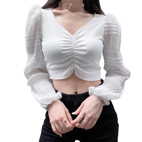 women's blouses & shirts women v neck fashion shirt female long sleeve chic solid color ruched puff slim short blouse blusas femininas, White
women's blouses & shirts women v neck fashion shirt female long sleeve chic solid color ruched puff slim short blouse blusas femininas, White