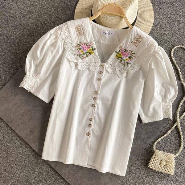 women's blouses & shirts summer embroidery lace crop doll collar age-reducing temperament straight puff sleeve women 2021, White
women's blouses & shirts summer embroidery lace crop doll collar age-reducing temperament straight puff sleeve women 2021, White