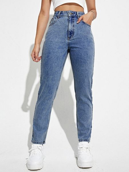 high waisted light wash mom fit jeans 73fh#, Blue
