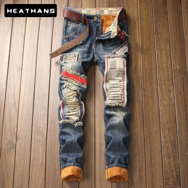 men's plus velvet ripped winter jeans male trendy fashion warm designer hole fleece mens denim pants drop, Blue
men's plus velvet ripped winter jeans male trendy fashion warm designer hole fleece mens denim pants drop, Blue