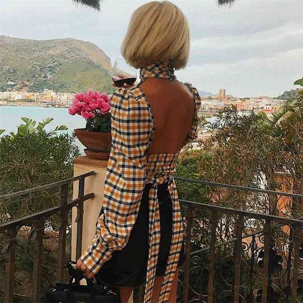 backless plaid women blouse shirt summer turtleneck lace up crop vintage cut yellow cotton blouse 210415, White
backless plaid women blouse shirt summer turtleneck lace up crop vintage cut yellow cotton blouse 210415, White