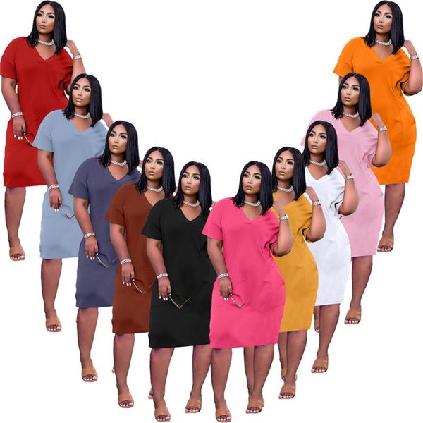 plus size s-3xl women casual solid color dresses v neck short sleeve midi skirts summer clothing fashion 10 colors loose dress 4792, Black;gray
plus size s-3xl women casual solid color dresses v neck short sleeve midi skirts summer clothing fashion 10 colors loose dress 4792, Black;gray