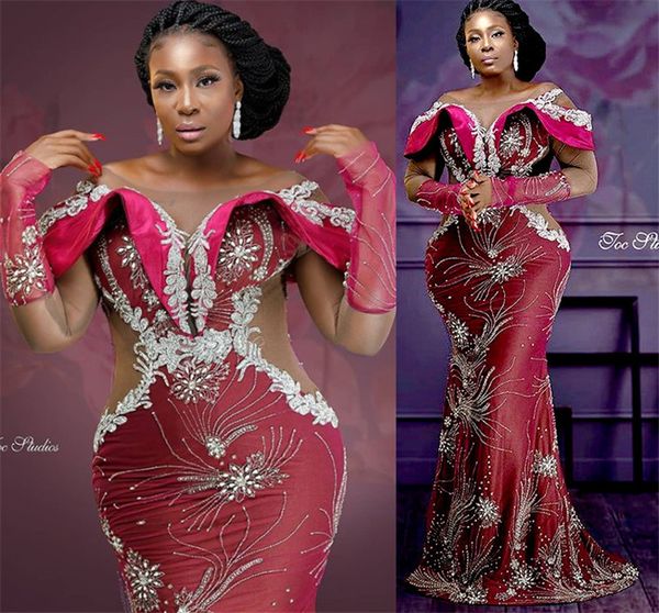 aso ebi 2021 arabic plus size luxurious burgundy mermaid prom dresses beaded crystals sheer neck evening formal party second reception gowns, Black;red
aso ebi 2021 arabic plus size luxurious burgundy mermaid prom dresses beaded crystals sheer neck evening formal party second reception gowns, Black;red