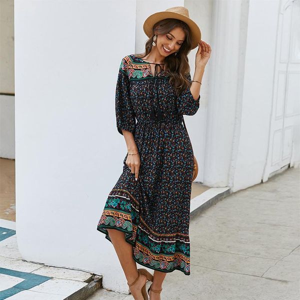 three quarter sleeve bohemian print dress women drawstring high waist v neck cotton slim spring summer long floral casual dresses, Black;gray
three quarter sleeve bohemian print dress women drawstring high waist v neck cotton slim spring summer long floral casual dresses, Black;gray