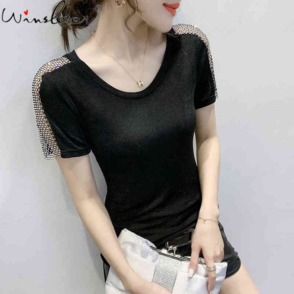 women's t-shirt summer korean clothes mesh fashion o-neck shiny diamonds women short sleeve slim all match tees 2021 t13, White
women's t-shirt summer korean clothes mesh fashion o-neck shiny diamonds women short sleeve slim all match tees 2021 t13, White