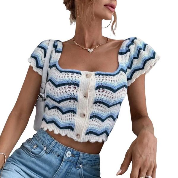 women's t-shirt 2021 fashion women button down crop short sleeve wavy striped print crochet knit t-shirts, White
women's t-shirt 2021 fashion women button down crop short sleeve wavy striped print crochet knit t-shirts, White