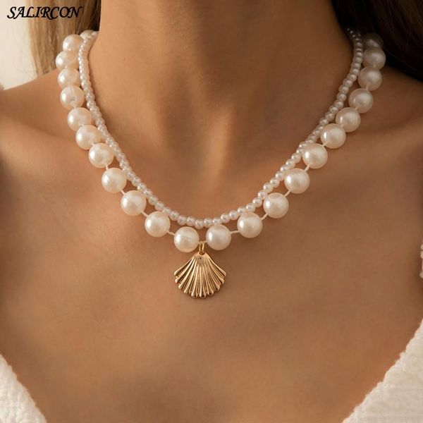 

kpop imitation pearl alloy shell pendant necklace for women boho charm layered beads strand choker fashion neck jewelry necklaces, Silver