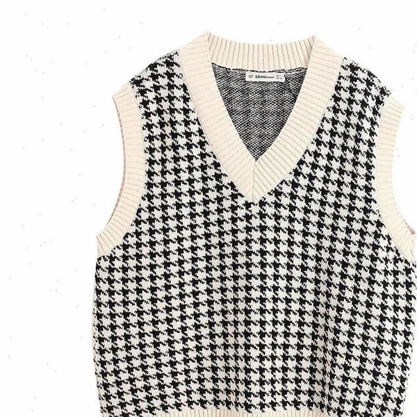 women sweater stylish chic houndstooth plaid sleeveless fashion v neck pullovers elegant ladies casual jumpers drop, White;black
women sweater stylish chic houndstooth plaid sleeveless fashion v neck pullovers elegant ladies casual jumpers drop, White;black