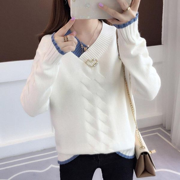 women's sweaters 2021 autumn winter fashion v-neck ladies patchwork loose knitted pullovers women casual all-match pullover, White;black
women's sweaters 2021 autumn winter fashion v-neck ladies patchwork loose knitted pullovers women casual all-match pullover, White;black