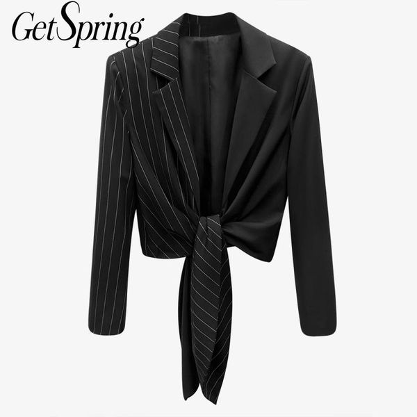 getspring women blazer striped patchwork long sleeve ladies coat lace up women's short suit jacket irregular suits & blazers, White;black
getspring women blazer striped patchwork long sleeve ladies coat lace up women's short suit jacket irregular suits & blazers, White;black