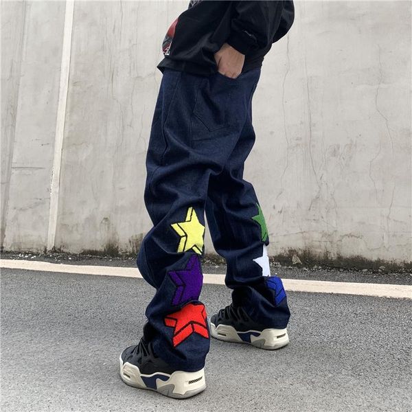 men's jeans harajuku stars embrodiery vibe style for men high street straight washed distressed casual denim trousers, Blue
men's jeans harajuku stars embrodiery vibe style for men high street straight washed distressed casual denim trousers, Blue