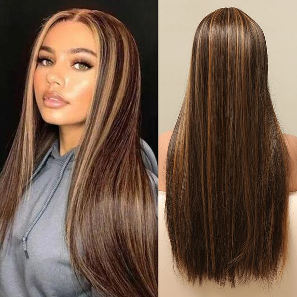 long straight brown honey copper lace frontal wigs with highlight natural middle part synthetic hair lace wig for women, Black
long straight brown honey copper lace frontal wigs with highlight natural middle part synthetic hair lace wig for women, Black