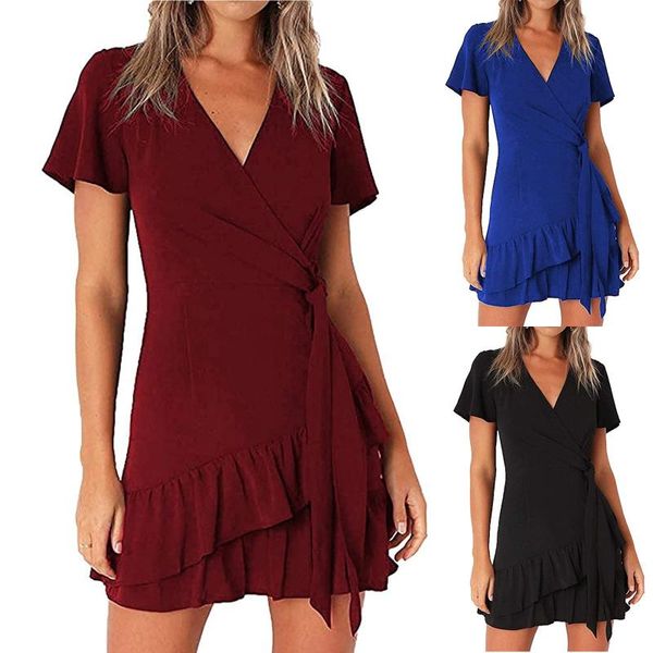 party dresses summer wrap women's ruffle dress solid color v neck short sleeve mini with belt vestido de mujer 2021, White;black
party dresses summer wrap women's ruffle dress solid color v neck short sleeve mini with belt vestido de mujer 2021, White;black