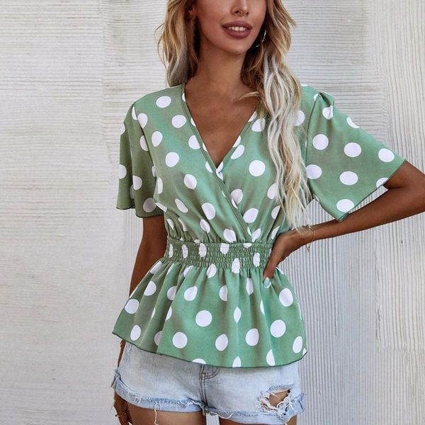 women's t-shirt summer women v-neck slim waist fashion dot printed flared sleeves small fresh for ladies, White
women's t-shirt summer women v-neck slim waist fashion dot printed flared sleeves small fresh for ladies, White