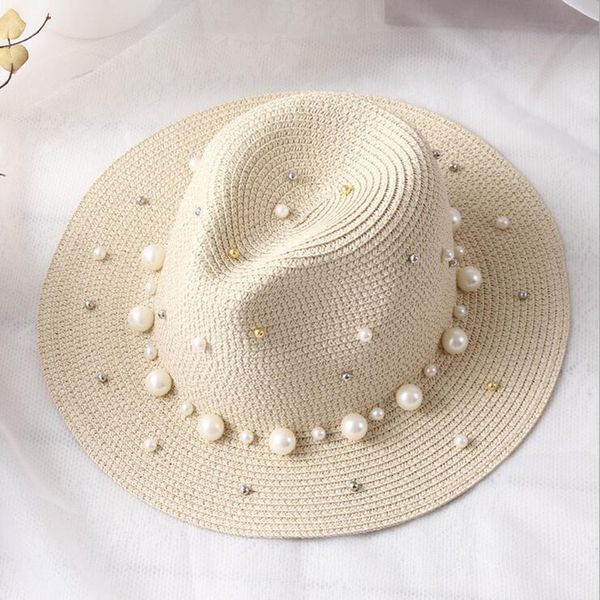 spring summer hats for women flower beads wide brimmed jazz panama hat sun visor beach hat flower pearl rivet straw hat, Blue;gray 
spring summer hats for women flower beads wide brimmed jazz panama hat sun visor beach hat flower pearl rivet straw hat, Blue;gray