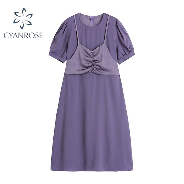 short sleeve dress with camis fake 2 pieces o neck elegant slim korean solid mid-long frocks ladies summer stylish vestidos 210430, Black;gray
short sleeve dress with camis fake 2 pieces o neck elegant slim korean solid mid-long frocks ladies summer stylish vestidos 210430, Black;gray