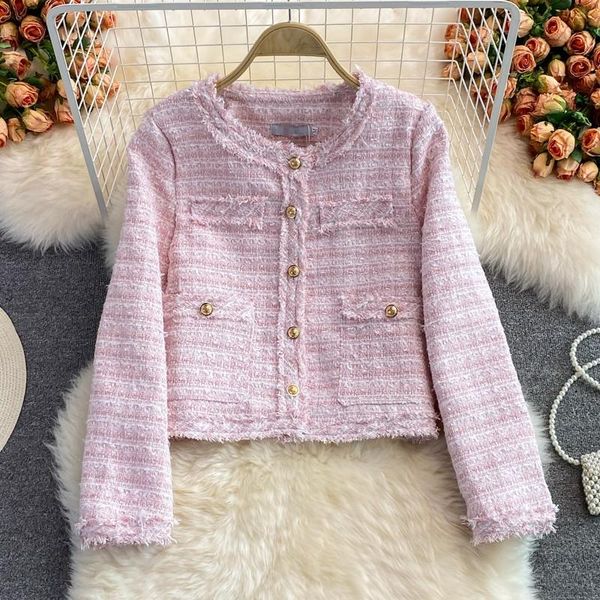 women's jackets 2021 autumn fashion o-neck jacket coat elegant women pink tassel tweed gold button female short outerwear, Black;brown 
women's jackets 2021 autumn fashion o-neck jacket coat elegant women pink tassel tweed gold button female short outerwear, Black;brown