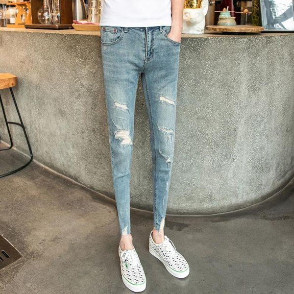 hole jeans male korean version of the trend wild handsome slim feet pants summer men's nine, Blue
hole jeans male korean version of the trend wild handsome slim feet pants summer men's nine, Blue